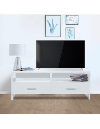 Meuble TV blanc meuble téléviseur 2 tiroirs meuble salon