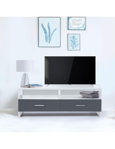 Meuble TV blanc et gris meuble téléviseur avec 2 tiroirs