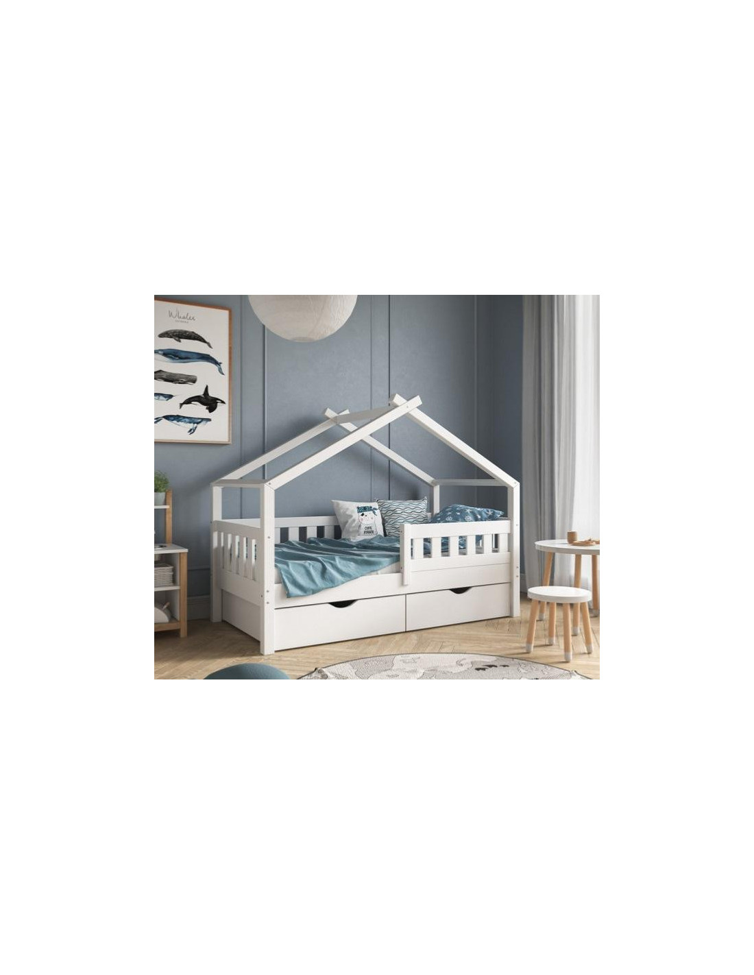 Lit montessori blanc lit cabane 80x160 cm avec barrièresr - Ciel & terre