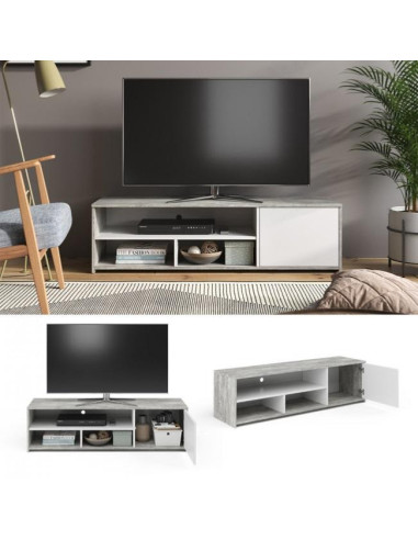 Meuble TV blanc et béton 140 cm meuble télévision