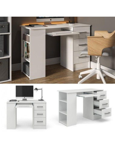 Bureau ordinateur blanc spacieux bureau 3 tiroirs