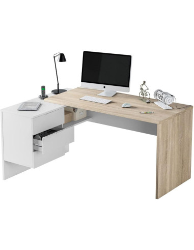 Bureau avec 3 tiroirs blanc et chêne bureau d'angle