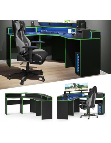 Bureau gaming noir et vert bureau de jeu bureau gamer PC - Ciel & terre