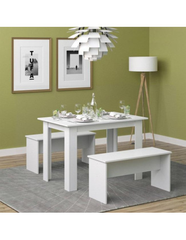 Table à manger avec 2 bancs blanc table de repas bois