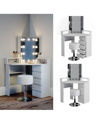 Coiffeuse d'angle blanche 6 tiroirs + LED + Tabouret Coiffeuse moderne Coiffeuse maquillage Coiffeuse femme Coiffeuse chambre