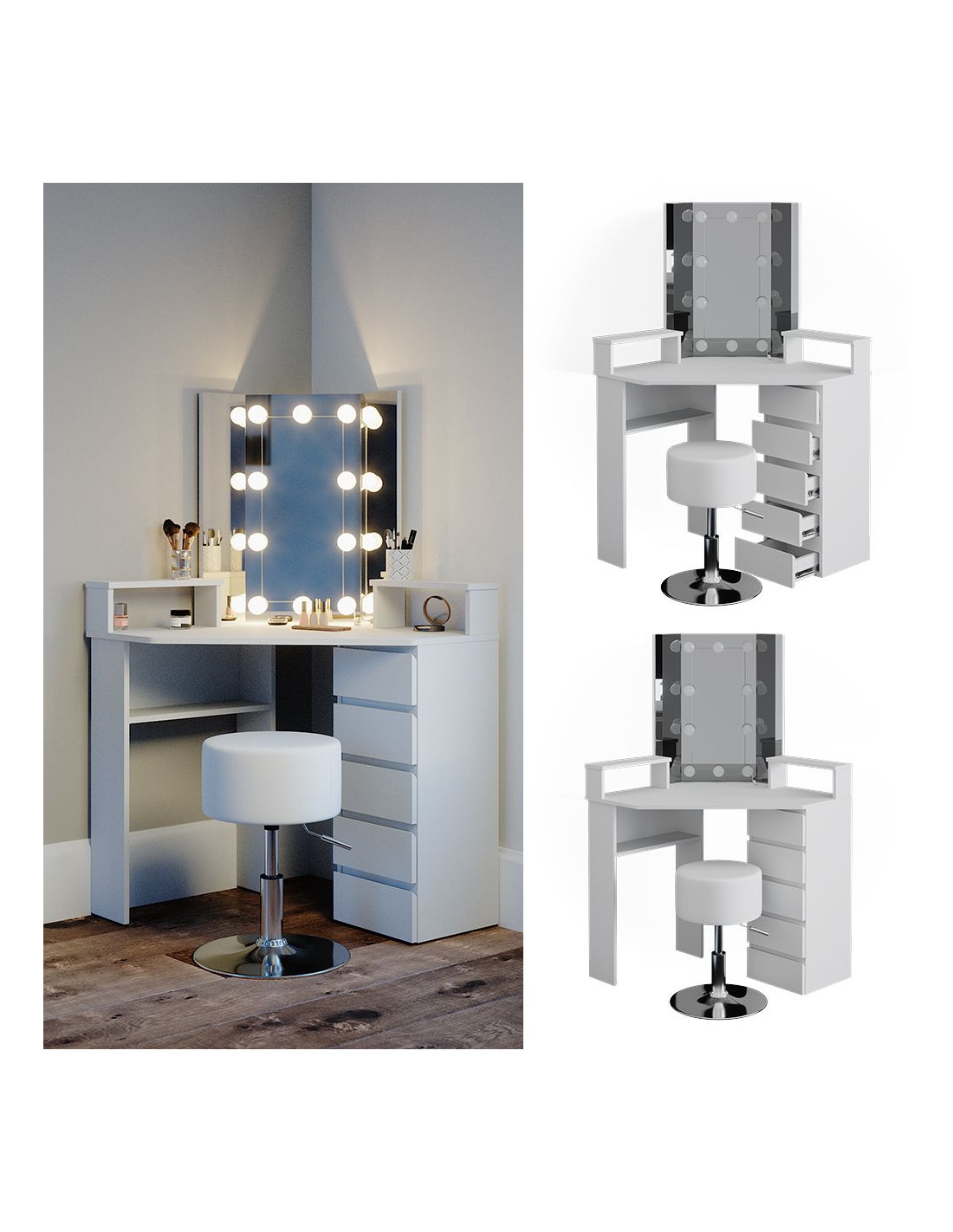 Coiffeuse moderne + LED + Tabouret avec 1 tiroir et étagères miroir - Ciel  & terre