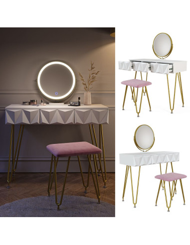 Coiffeuse blanche moderne 3 tiroirs Miroir LED + Tabouret rose Table manucure Coiffeuse femme