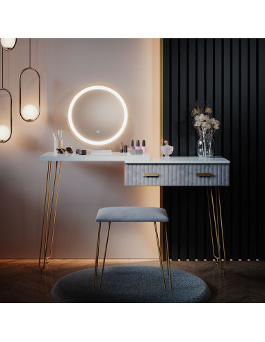 Coiffeuse blanche 2 tiroirs Miroir LED + Tabouret Table manucure