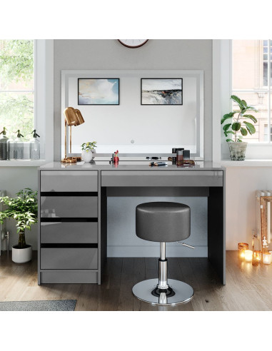Coiffeuse table maquillage gris + grand miroir LED + Tabouret