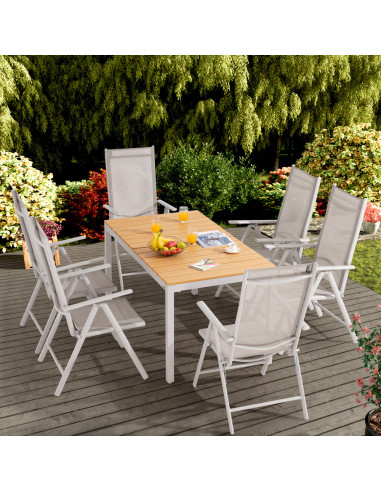 Salon de jardin 6 places en aluminium laqué Naturel et gris table de repas plateau composite