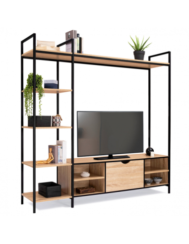 Meuble TV industriel avec colonne de rangement meuble TV métal et bois avec étagère