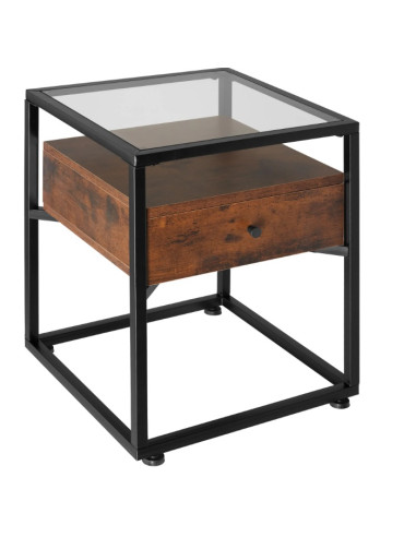 Table de chevet industrielle avec tiroir Table de nuit industrielle Chevet chambre en métal et bois foncé