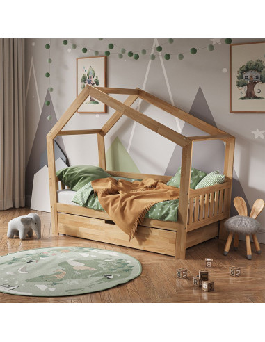 Lit montessori bois naturel pour enfant 80x160 cm avec tiroir et barrières Lit cabane Lit maison Lit bois massif avec sommier