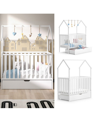 Lit bébé Montessori blanc à barreaux 60x120 cm en pin massif avec tiroir de rangement et matelas