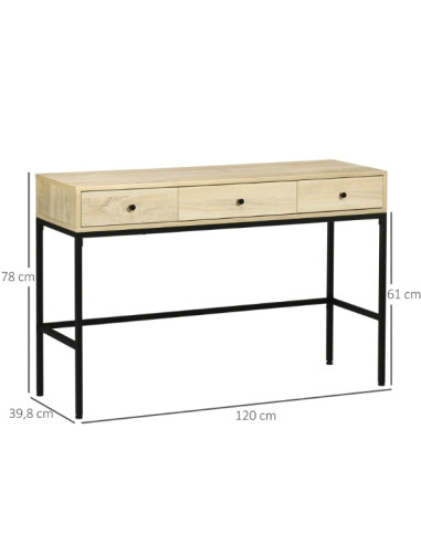 Table console industrielle 3 tiroirs Table d'entrée tendance effet bois