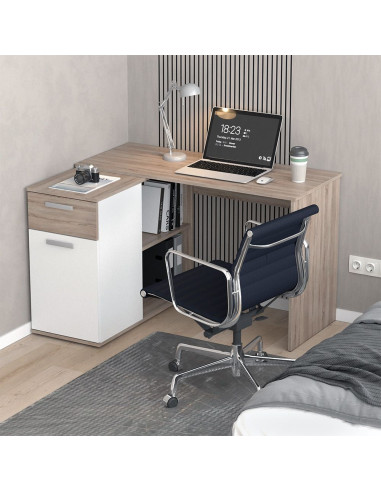 Bureau chêne et blanc avec 1 tiroir et 1 placard Bureau de travail Bureau moderne Bureau professionnel