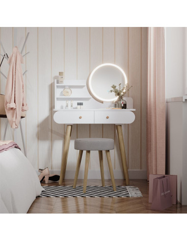 Coiffeuse blanche 2 tiroirs Miroir LED + Tabouret Table manucure Coiffeuse femme esprit scandinave