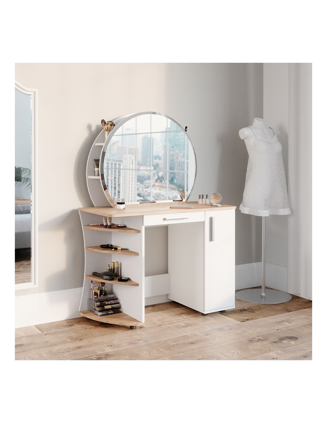 Coiffeuse épurée étagères et miroir blanc chêne Coiffeuse moderne - Ciel &  terre