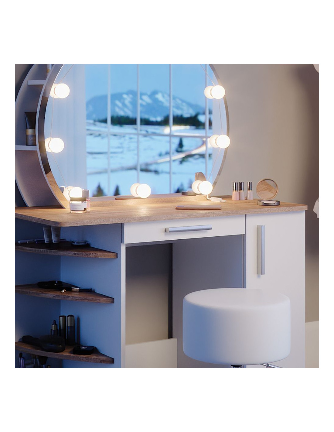 Coiffeuse épurée étagères et miroir LED blanc chêne Coiffeuse moderne -  Ciel & terre