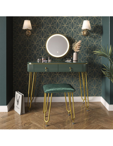 Coiffeuse vert brillant 2 tiroirs Miroir LED + Tabouret Table manucure Coiffeuse femme élégante