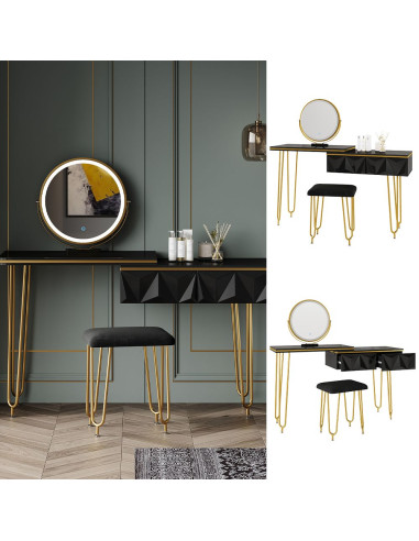 Coiffeuse design noir brillant 2 tiroirs Miroir LED + Tabouret Table manucure Coiffeuse femme élégante