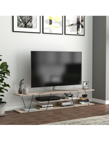 Meuble TV 180 cm épuré noir et chêne Meuble télévision avec étagères