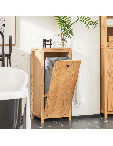 Armoire à linge salle de bain bois naturel avec panier à linge intégré gris Armoire basse salle de bain linge sale