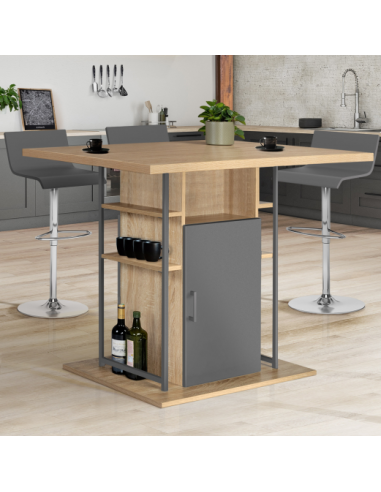 Table de bar industrielle gris et hêtre Ilot central de cuisine avec rangements