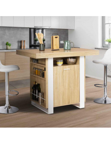 Table de bar industrielle bois et blanc Ilot central de cuisine avec rangements Table bar