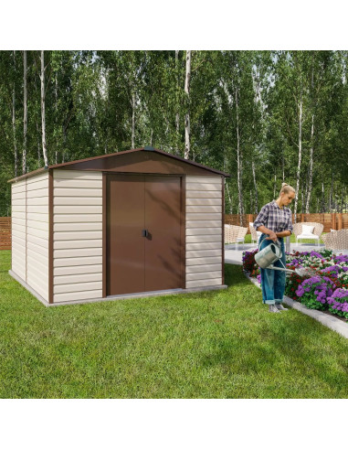 Abri de jardin métal châtaigne et chocolat 11,39m² + kit ancrage Abri jardin métallique rangement bois outillage de jardin