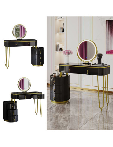 Coiffeuse noire et or 2 tiroirs Miroir LED Table manucure Coiffeuse femme élégante