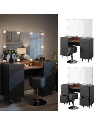Coiffeuse Table maquillage Anthracite et Noyer + Miroir LED + Tabouret Coiffeuse moderne Coiffeuse maquillage Coiffeuse chambre