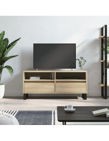 Meuble TV Moderne 100 cm Meuble Téléviseur Chêne meuble TV avec 2 Tiroirs