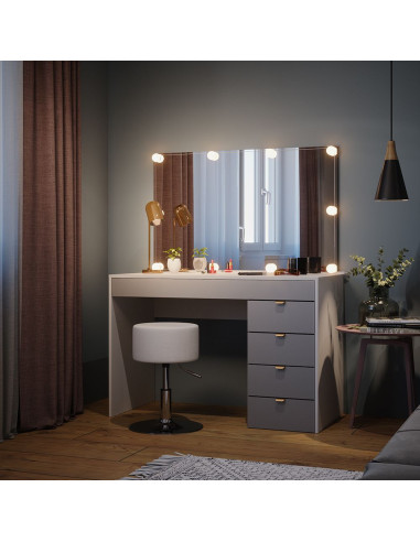 Coiffeuse Blanche et Grise Moderne 5 Tiroirs + LED + Tabouret Table Maquillage Coiffeuse femme Coiffeuse chambre