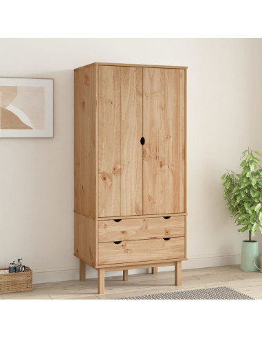 Armoire Pin Massif Dressing 2 Portes 2 Tiroirs Garde-robe Penderie Chambre