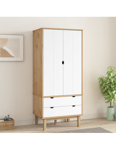 Armoire Blanche Pin Massif Dressing 2 Portes 2 Tiroirs Garde-robe Penderie Chambre