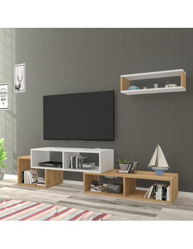 Meuble TV Blanc et Chêne Moderne 170 cm avec 1 Etagère Murales Meuble Télévision Blanc