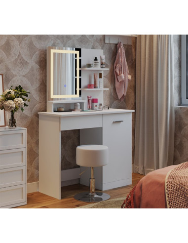 Coiffeuse Table Maquillage Blanc + Miroir LED + Tabouret + Station de Charge Coiffeuse Femme Chambre