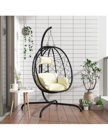 Fauteuil Suspendu Noir Chaise Suspendue de jardin Forme Œuf avec Coussin Crème