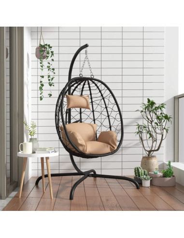 Fauteuil Suspendu Noir Chaise Suspendue de jardin Forme Œuf avec Coussin Taupe