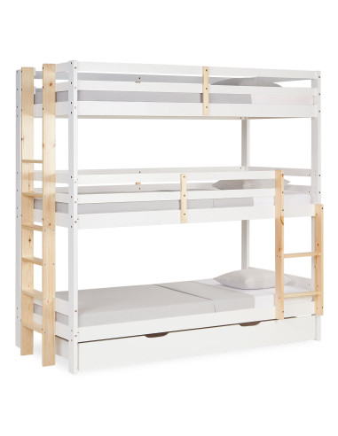 Lit Enfant Superposé Triple 90x200 avec Tiroir de Rangement Lit Enfant avec Sommier Bois Massif de Pin et Blanc