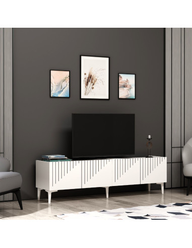 Meuble TV Design Blanc 154 cm Meuble Téléviseur avec Rangement