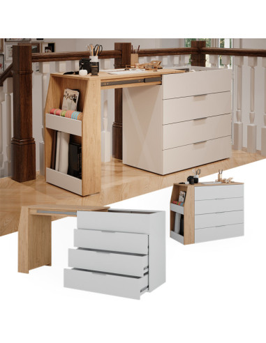 Bureau Extensible avec Commode 4 Tiroirs Blanc Chêne Moderne Bureau Gain de Place