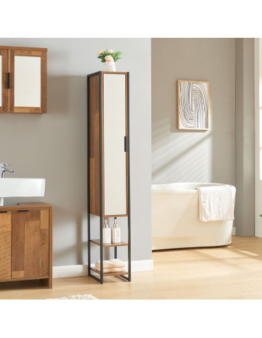 Colonne de Salle de Bain Noyer et Métal Noir Avec Miroir Armoire Salle de Bain Haute