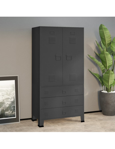 Armoire Métal Anthracite Dressing 2 Portes 3 Tiroirs Garde-robe Penderie Chambre