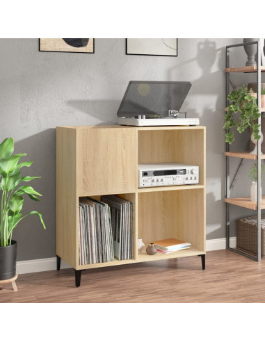 Meuble Platine Vinyles Chêne avec Rangement Pieds Métal Noir Moderne Armoire Disques