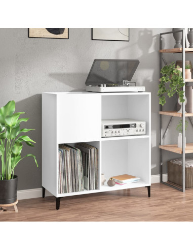 Meuble Platine Vinyles Blanc avec Rangement Pieds Métal Noir Moderne Armoire Disques