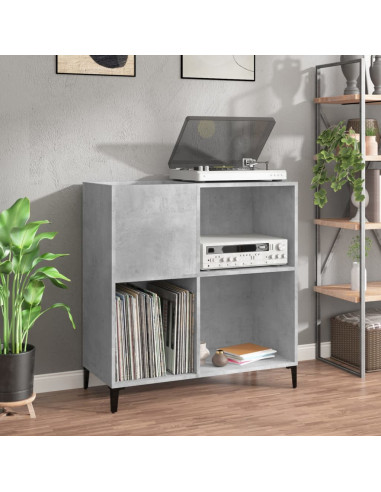 Meuble Platine Vinyles Gris Béton avec Rangement Pieds Métal Noir Moderne Armoire Disques