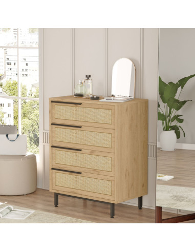 Commode 4 tiroirs Cannage en Rotin Pieds Métal Rangement Chambre Salon