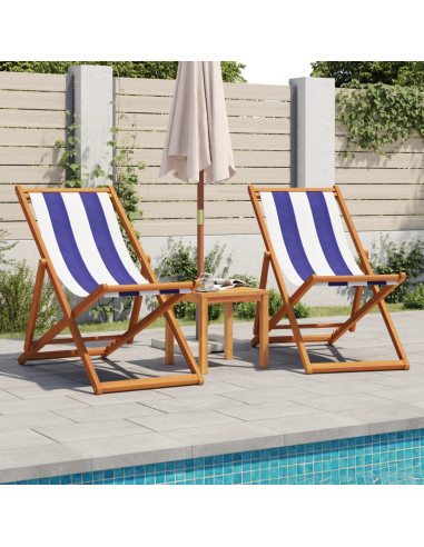 Chaise Longue Relax Bleu et Blanc en Eucalyptus Massif Bain de Soleil Transat Jardin Plage Terrasse Balcon